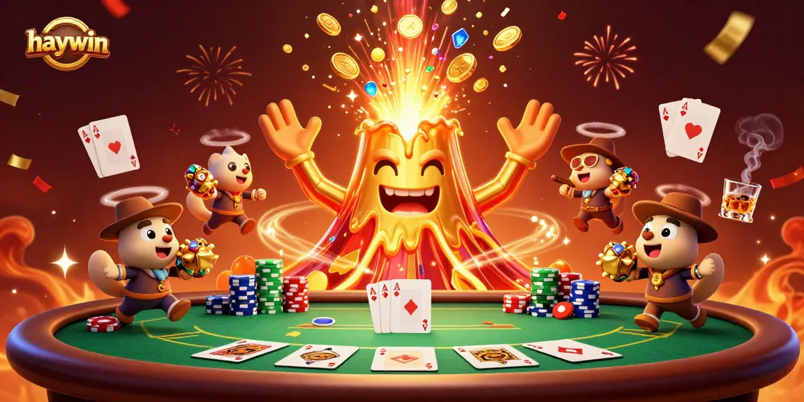 Winning at Haywin with treasure-hunting animals and a golden volcano in a vibrant casino scene