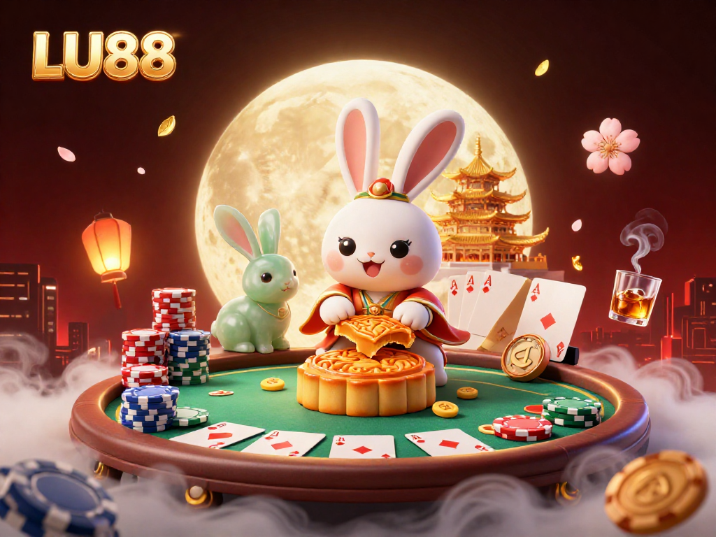 LU88 features a moon rabbit and jade companion celebrating with poker chips on the lunar surface.
