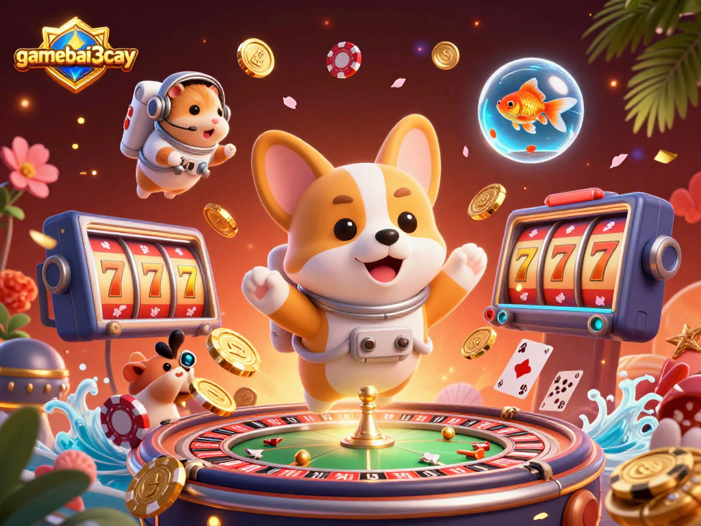 gamebai3cay showcases a vibrant casino scene with a 3D corgi astronaut and exciting gaming elements.