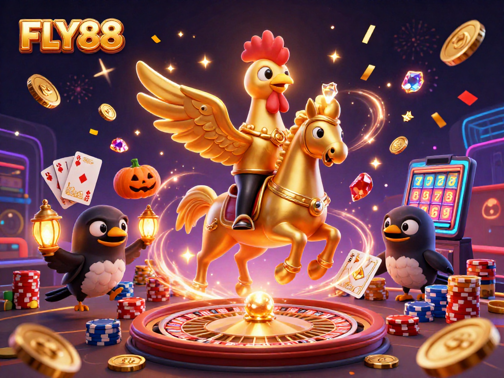 Experience the excitement of FLY88 with golden rooster and friends in a vibrant, dynamic casino scene.
