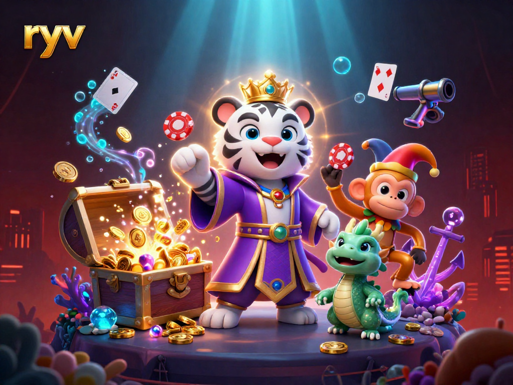 Engage in thrilling gameplay at ryv with a vibrant 3D scene featuring animated characters and casino elements.