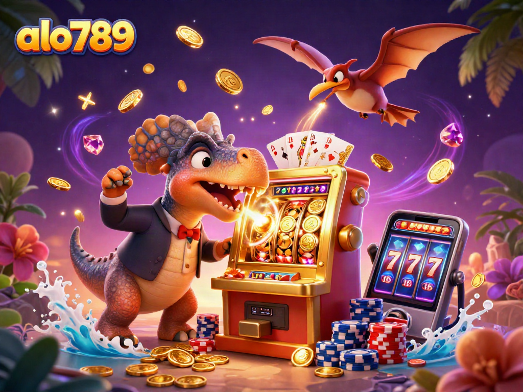 Alo789 captures excitement as a pachycephalosaurus wins big at the slot machine, surrounded by flying coins and casino elements.