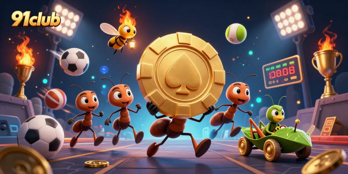New 91club members enjoy thrilling gaming as ants heist golden poker chip amidst dynamic sports elements.