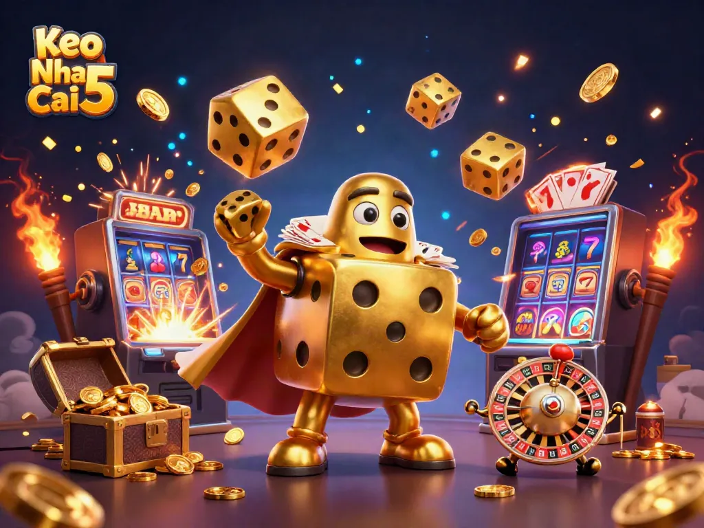 Engage with Keo Nha Cai 5 as exciting golden dice juggle while jackpot symbols burst around.