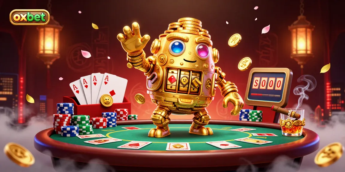 Bet on stylish casino action with oxbet and a golden golem amidst vibrant poker elements.