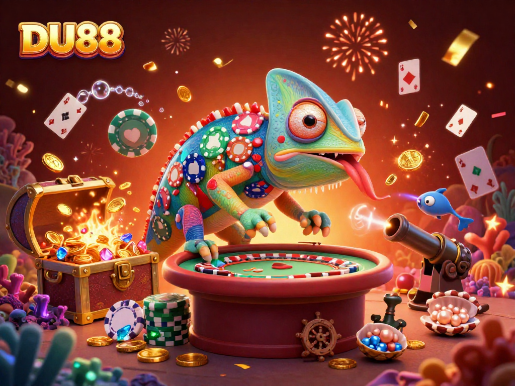 Experience thrilling gaming at DU88 with a dynamic chameleon casino owner amidst vibrant elements and action.