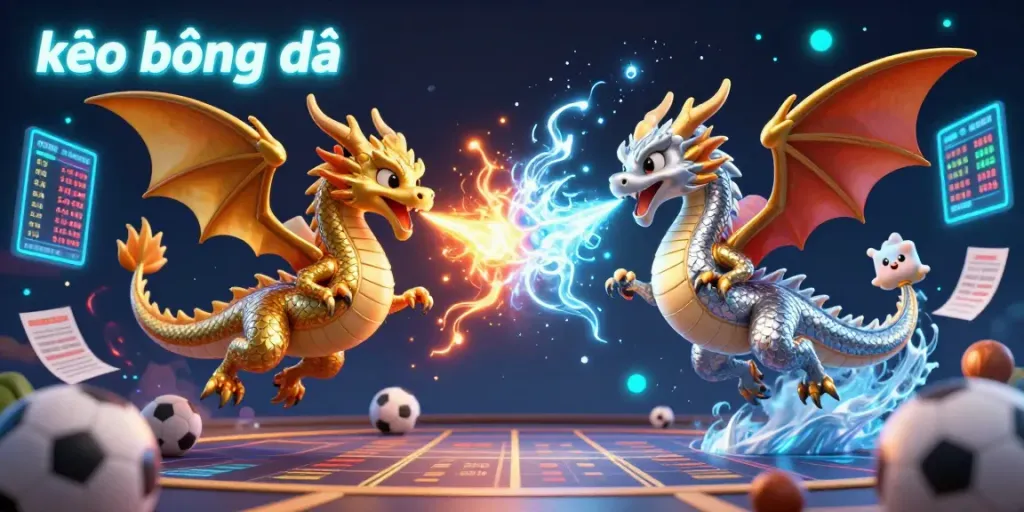 Engage in dynamic betting with kèo bóng đá as twin dragons create a magical scene amidst glowing sports elements.
