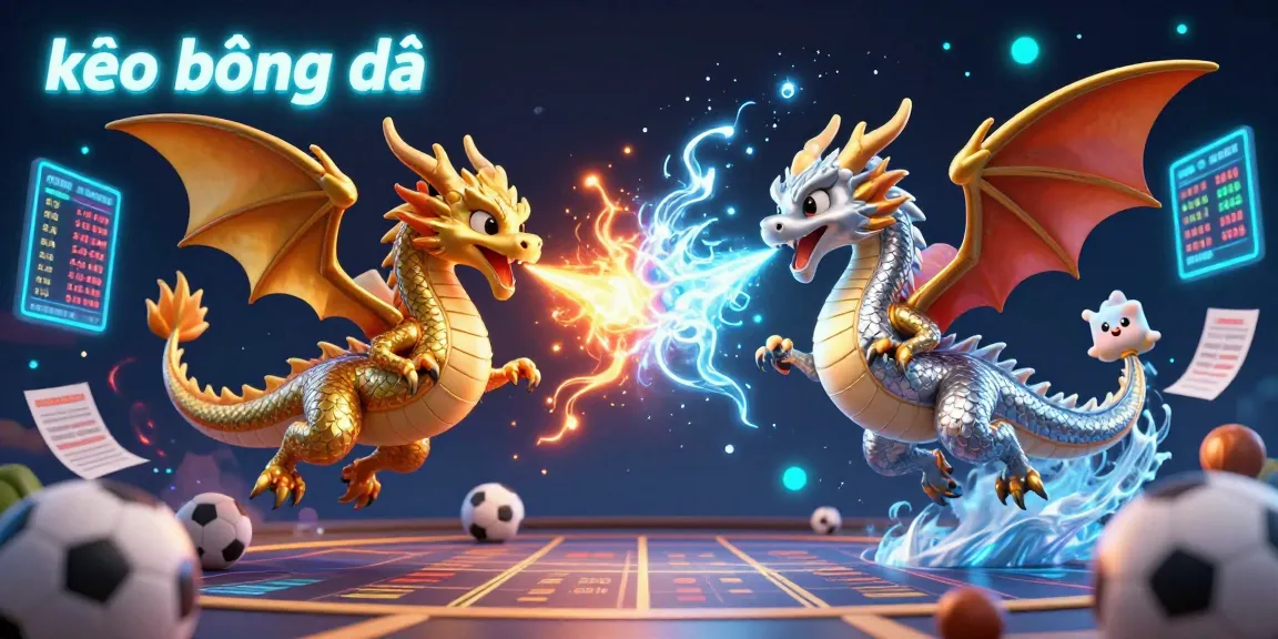 Engage in dynamic betting with kèo bóng đá as twin dragons create a magical scene amidst glowing sports elements.