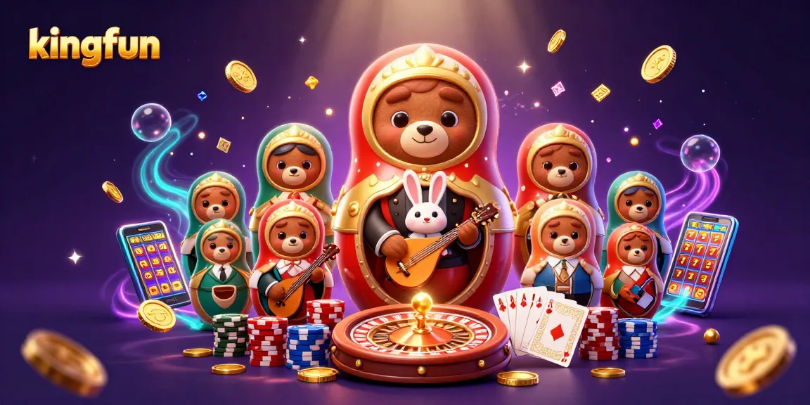 Experience excitement with kingfun's dazzling casino world, showcasing animated characters and thrilling game elements.