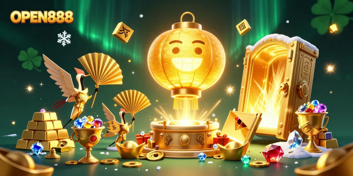 Experience the excitement of winning with OPEN888 at this vibrant casino illustration filled with fortune symbols.