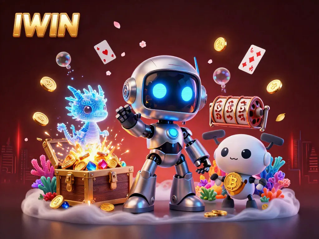 IWIN gaming experience with a cyberpunk robot and treasures depicting casino excitement.