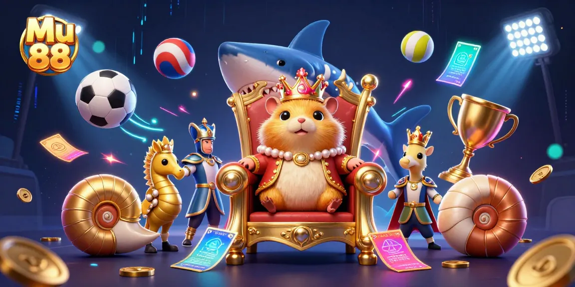 Experience thrilling gaming at Mu 88 with the golden hamster king, dynamic sports balls, and vibrant energy.
