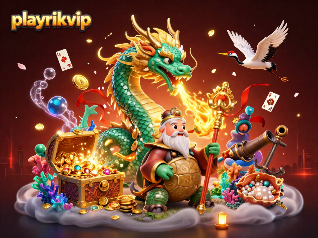 Experience excitement at playrikvip with a vibrant 3D illustration featuring a dragon and treasures.