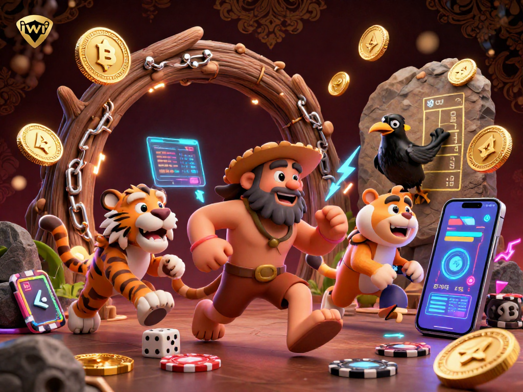 Experience iwin with a playful caveman duo managing a cosmic casino, surrounded by vibrant digital currencies.