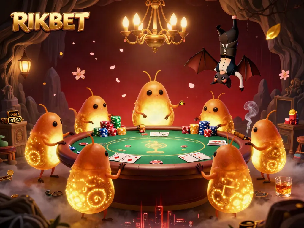 Experience the spectacle of RIKBET casino with glowworms and a bat dealer in a vibrant 3D scene.