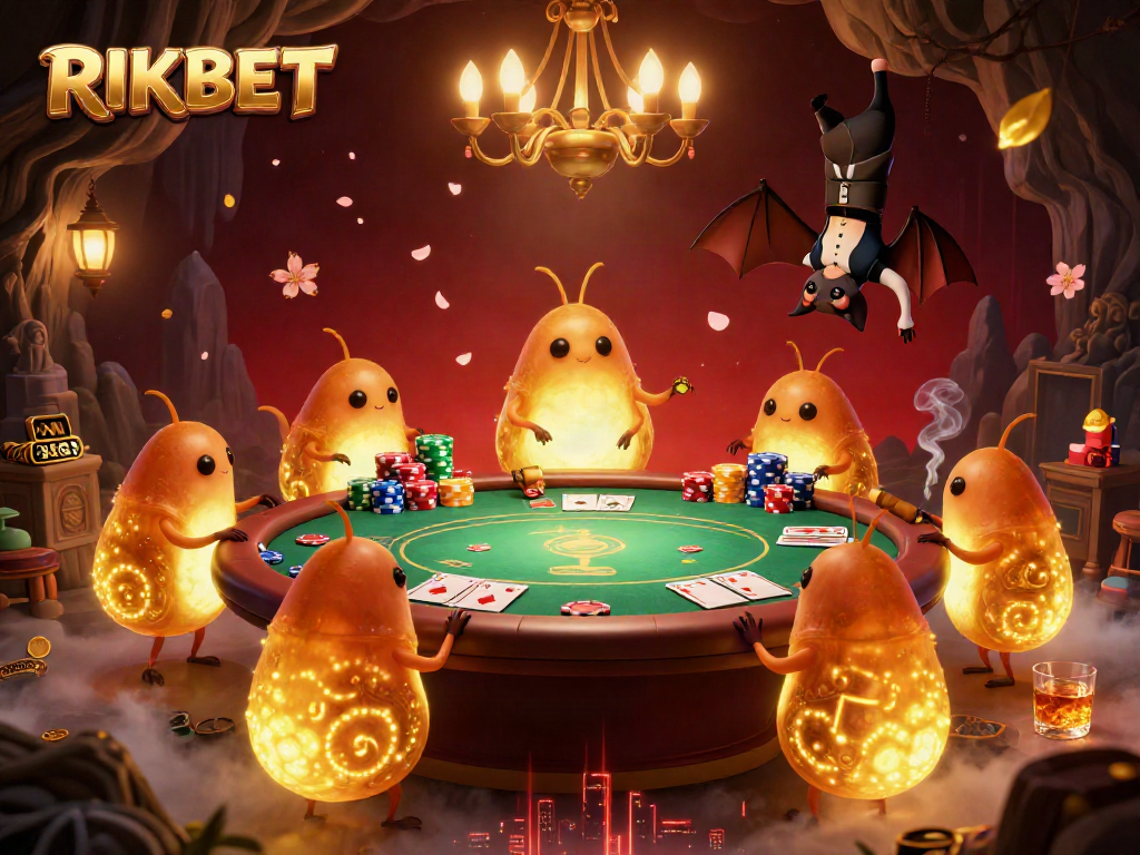 Experience the spectacle of RIKBET casino with glowworms and a bat dealer in a vibrant 3D scene.