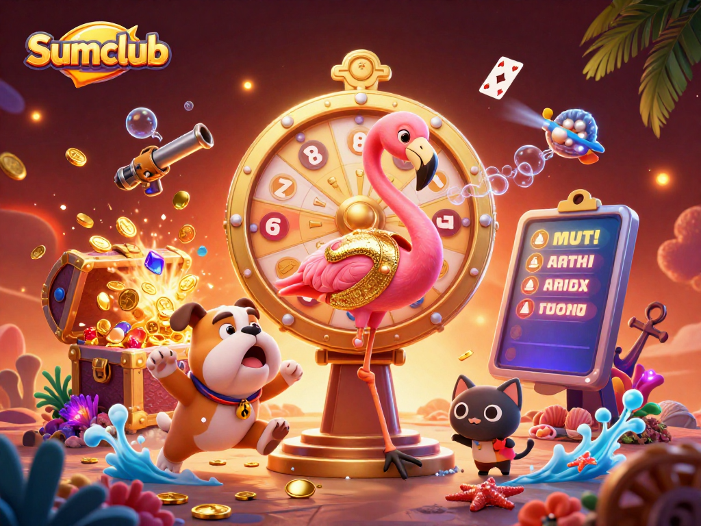 Sumclub brings excitement with a 3D cartoon host in a game show setting, surrounded by colorful gambling elements.