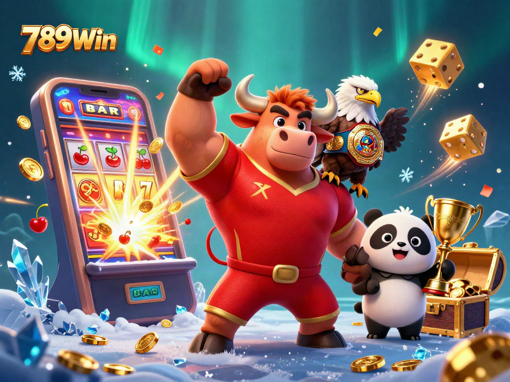 Play vibrant casino games at 789Win with a joyful bull mascot and eagle celebrating big wins.