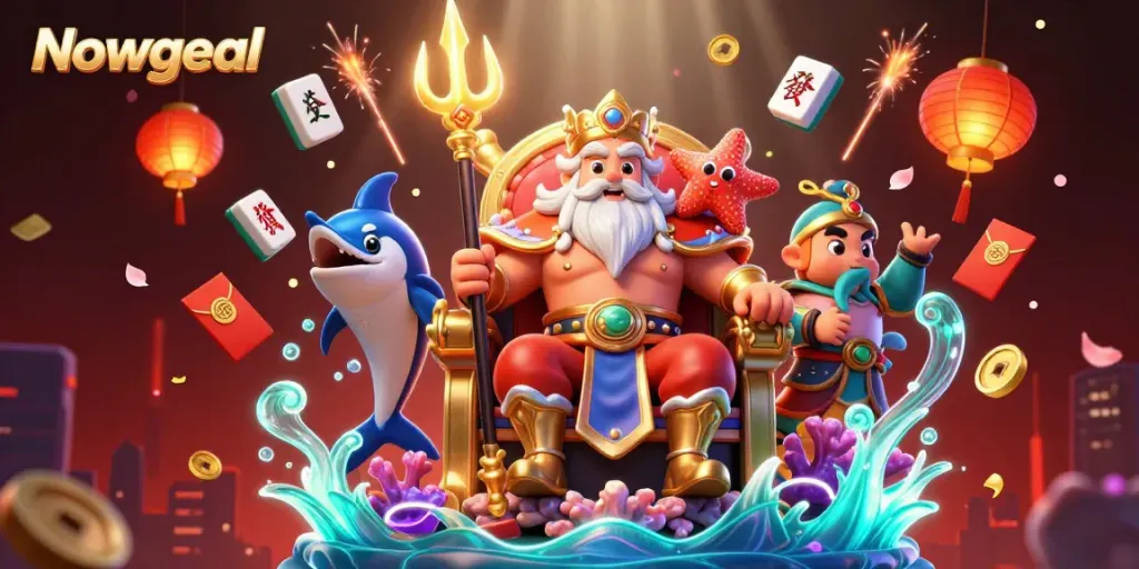 Nowgoal showcases a vibrant casino-themed scene featuring a 3D character and dynamic gambling elements.
