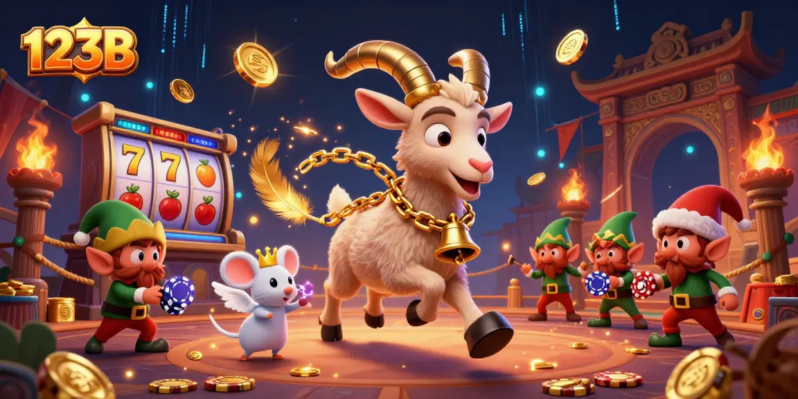 Engage with 123B's colorful slot reels amid a festive 3D casino scene featuring Krampus and friends stealing poker chips.