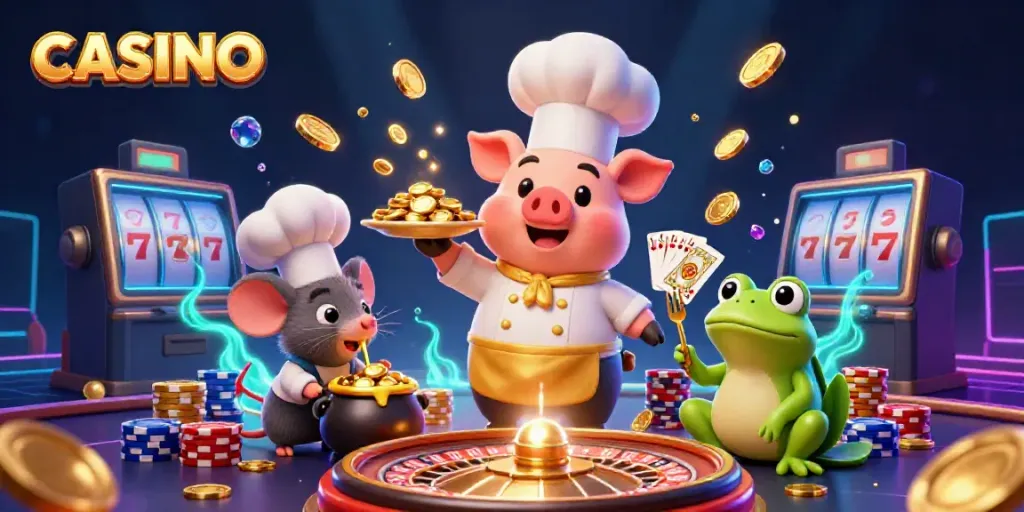 Experience the vibrant energy of a CASINO with a chef pig serving gold coins in this 3D illustration.