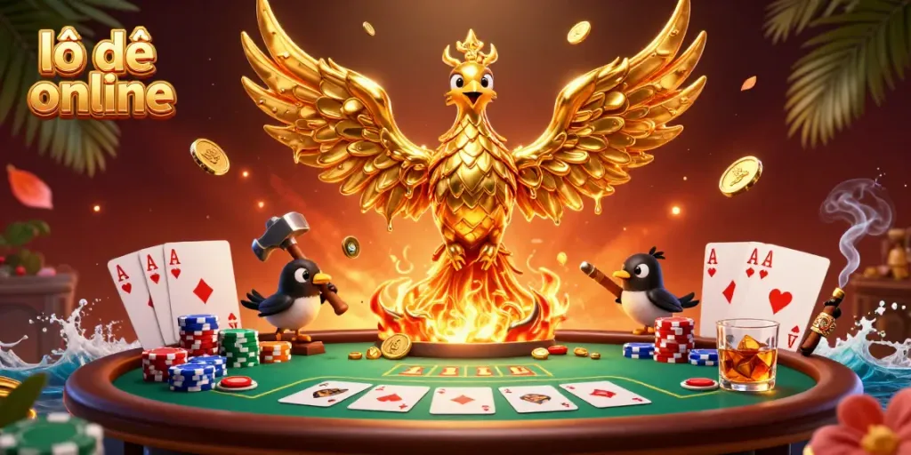 Experience thrilling lô đề online gameplay amidst a vibrant 3D casino scene filled with golden phoenixes and poker elements.