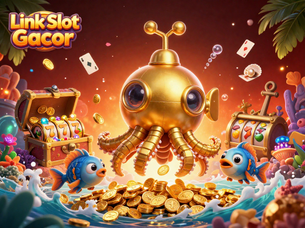 Engage with the dynamic Link Slot Gacor scene featuring lively characters amid gold coins and vibrant slot game elements.