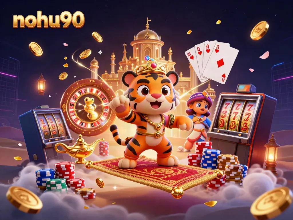 Join the exciting nohu90 experience with a tiger sultan on a carpet of poker chips in a vibrant casino scene.