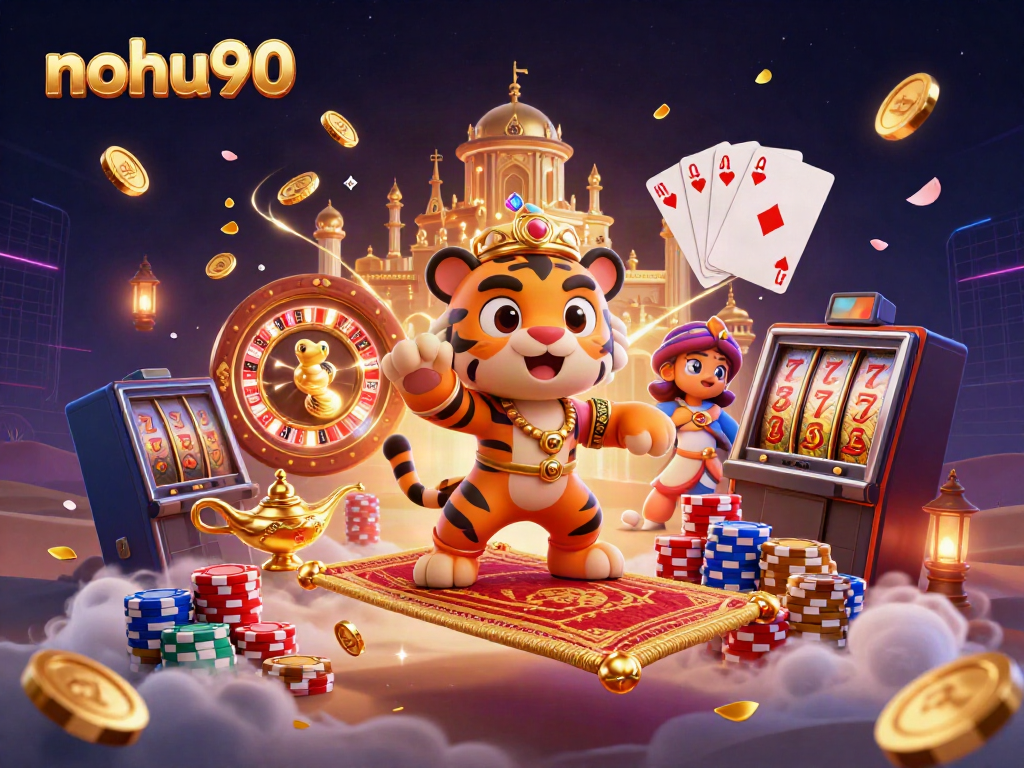 Join the exciting nohu90 experience with a tiger sultan on a carpet of poker chips in a vibrant casino scene.