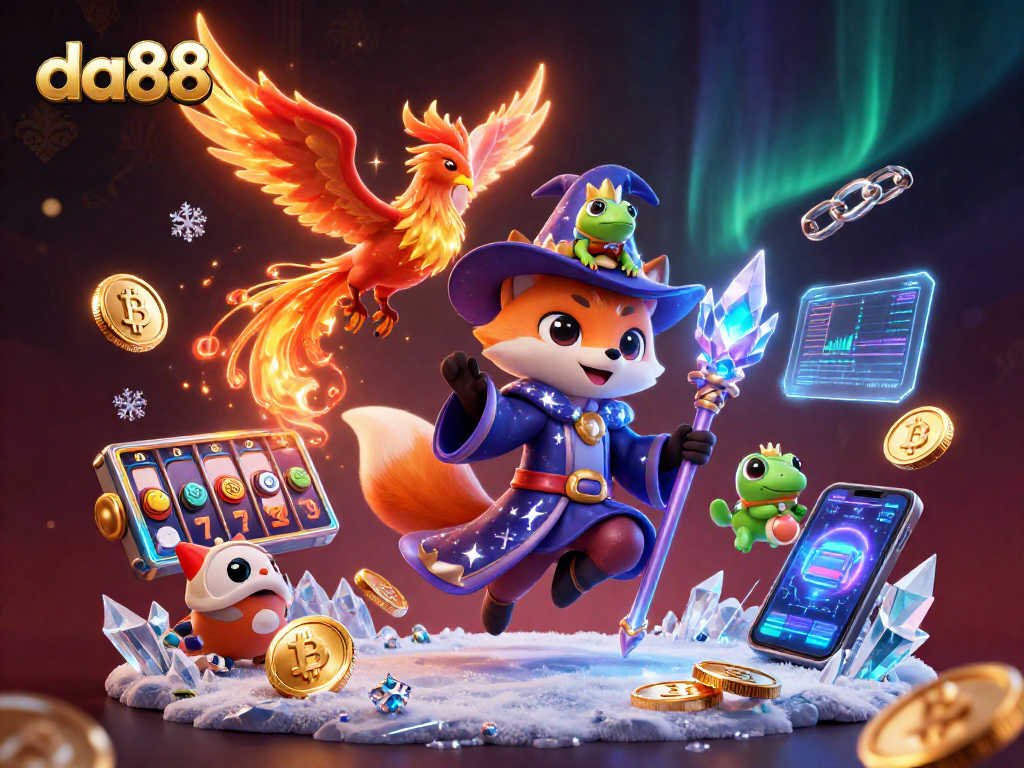 Experience thrilling gaming with da88, featuring a wizard fox and phoenix amidst crypto symbols.