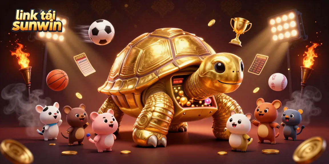 Experience thrilling gaming with link tải sunwin, a vibrant illustration showcasing a golden tortoise pinball machine and excited animals.