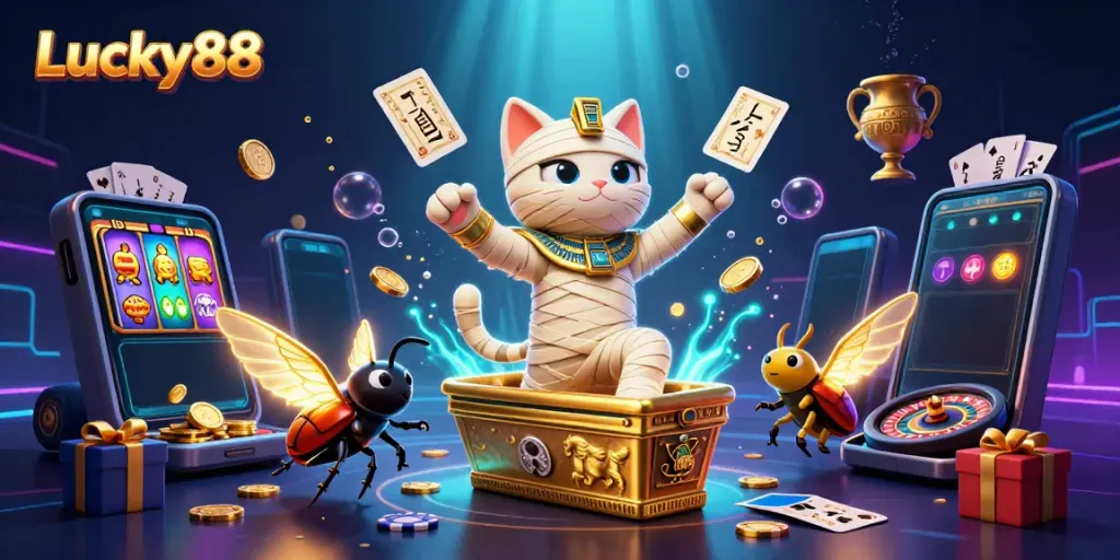 Experience Lucky88 gameplay with an Egyptian mummy cat and glowing scarab beetle in a casino scene.