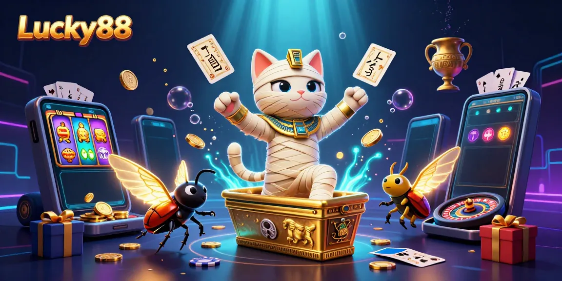 Experience Lucky88 gameplay with an Egyptian mummy cat and glowing scarab beetle in a casino scene.