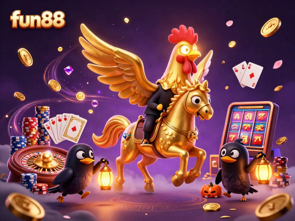 Experience fun88’s thrilling casino environment with gold coins, cards, and vibrant characters.