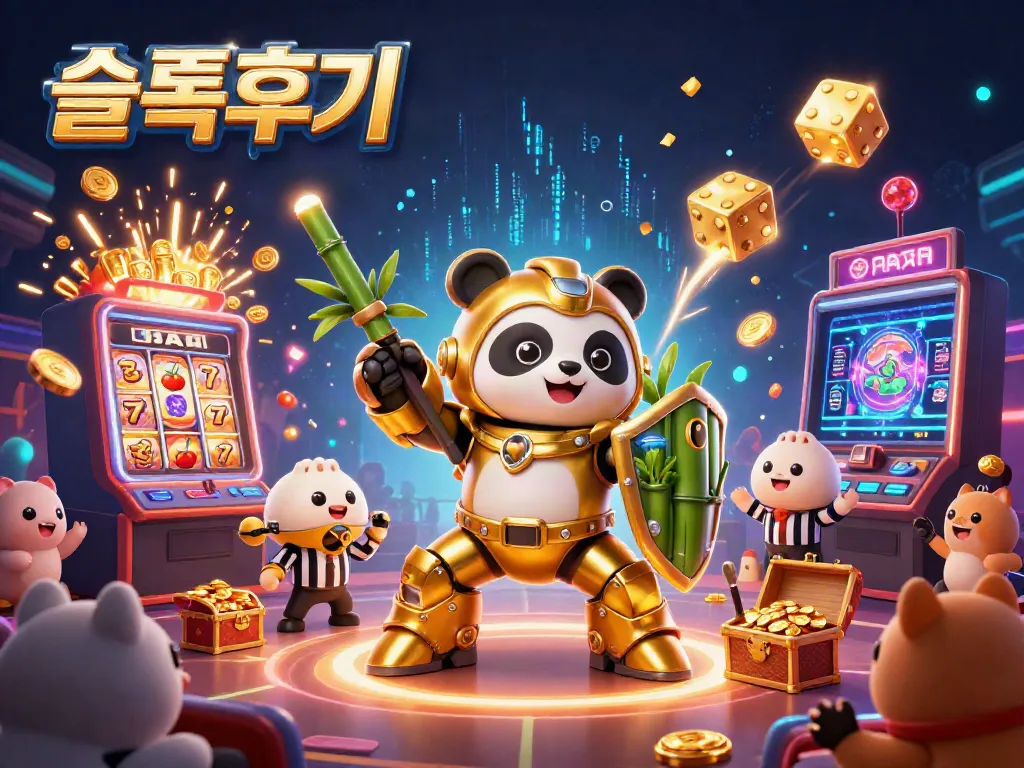 Experience the excitement of 슬롯후기 with a golden panda robot amidst bursting slot jackpots and cheering fans.