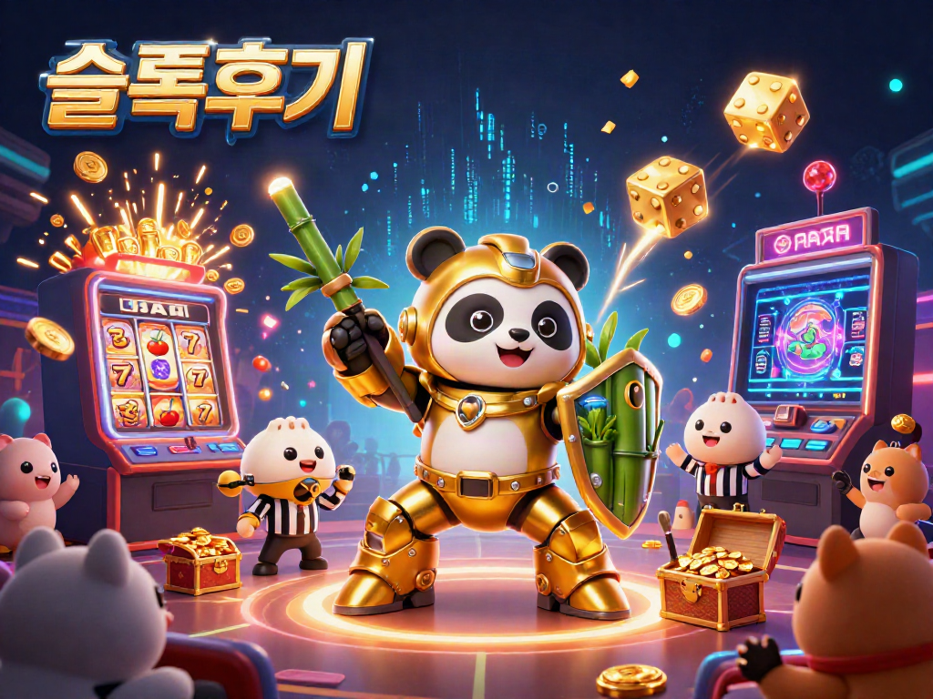 Experience the excitement of 슬롯후기 with a golden panda robot amidst bursting slot jackpots and cheering fans.