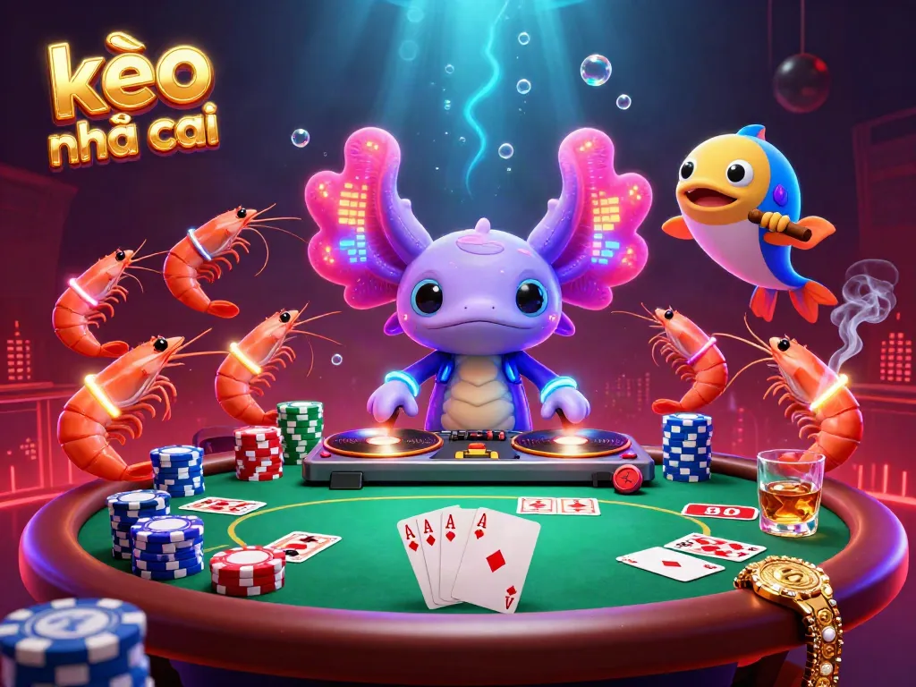 Experience the excitement of kèo nhà cái with vibrant digital art of an axolotl DJ, poker elements, and glowing sea creatures.