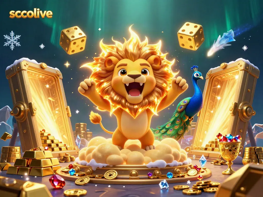 Socolive's vibrant 3D illustration showcases a roaring sun lion with golden dice amidst sparkling treasures, emphasizing winning opportunities.