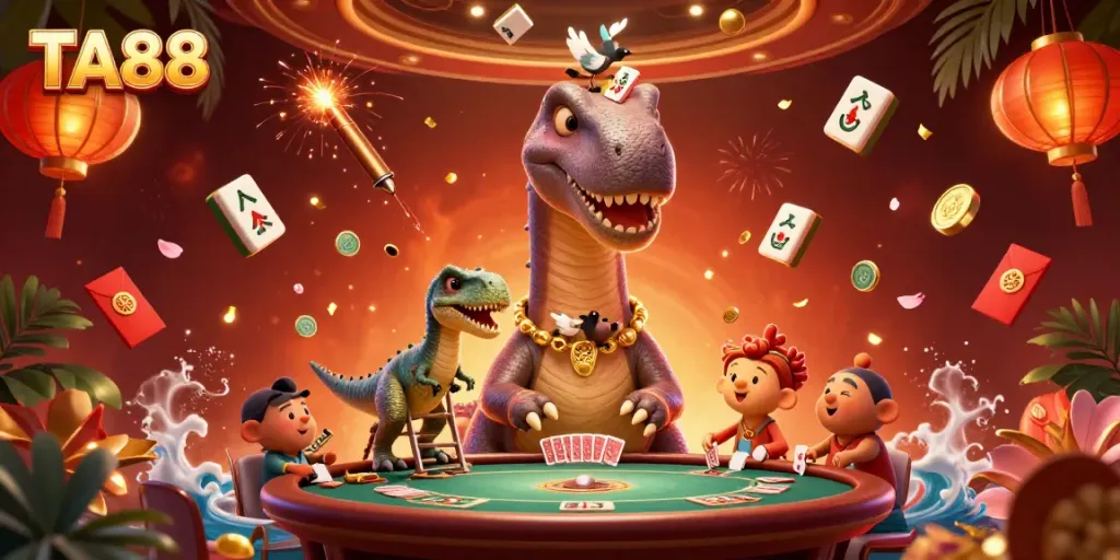 TA88 features a giant cartoon dinosaur overlooking a vibrant casino scene with dynamic gambling elements.