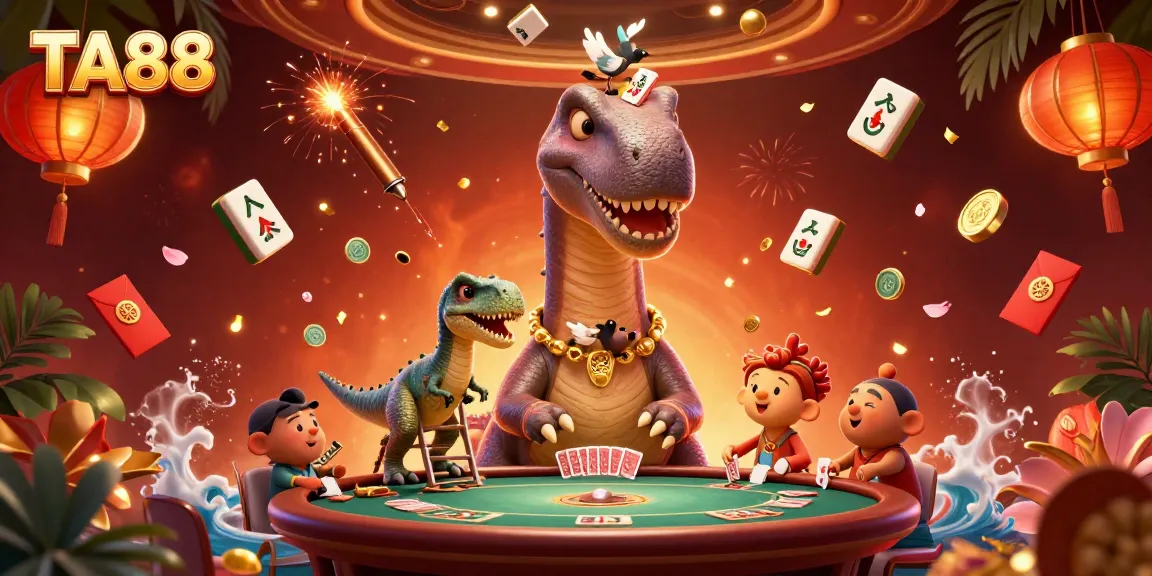 TA88 features a giant cartoon dinosaur overlooking a vibrant casino scene with dynamic gambling elements.