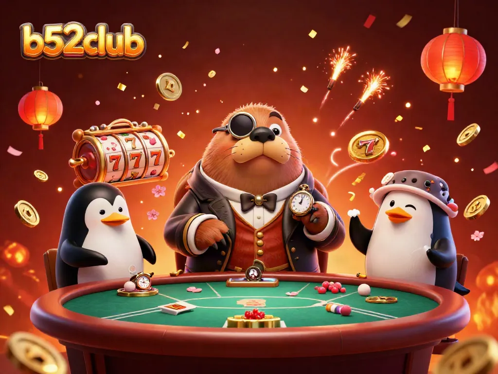 Join the fun at b52club with a jolly walrus and friends in a vibrant casino scene filled with spinning slot reels.