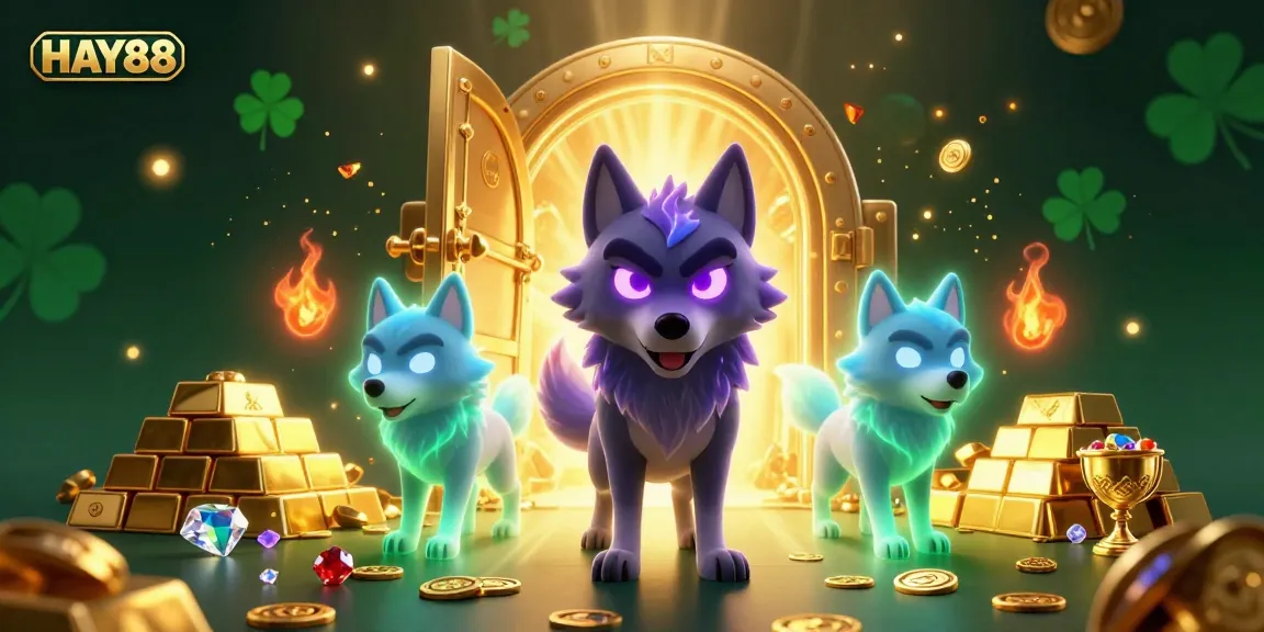 HAY88 showcases a mystical wolf trio amidst treasure, highlighting online gaming thrill.