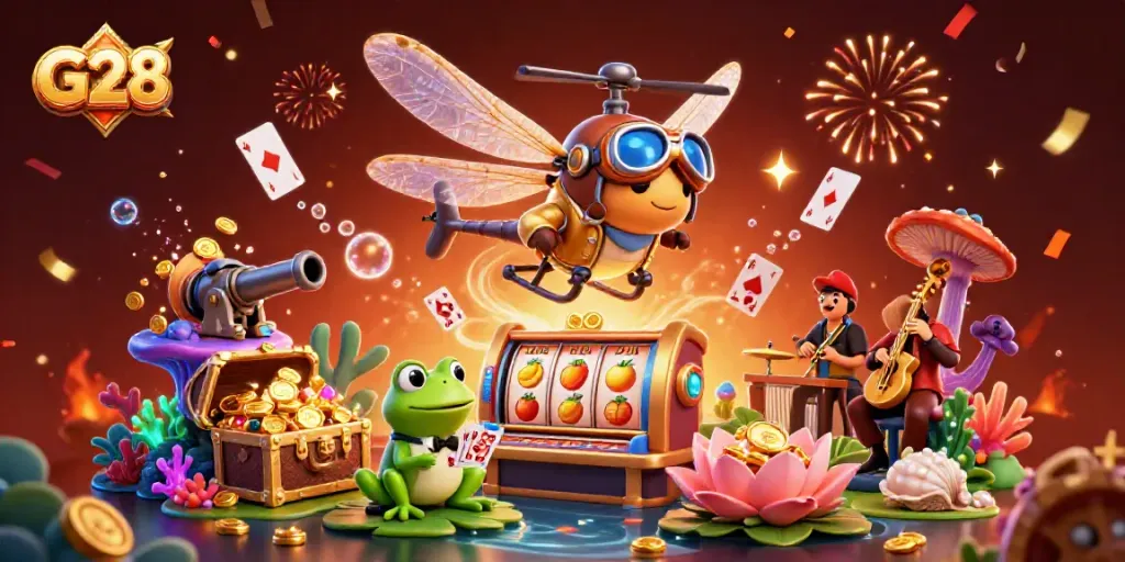 G28 casino scene featuring a dragonfly pilot, frog dealer, and jazz musicians amidst slot reels and confetti.