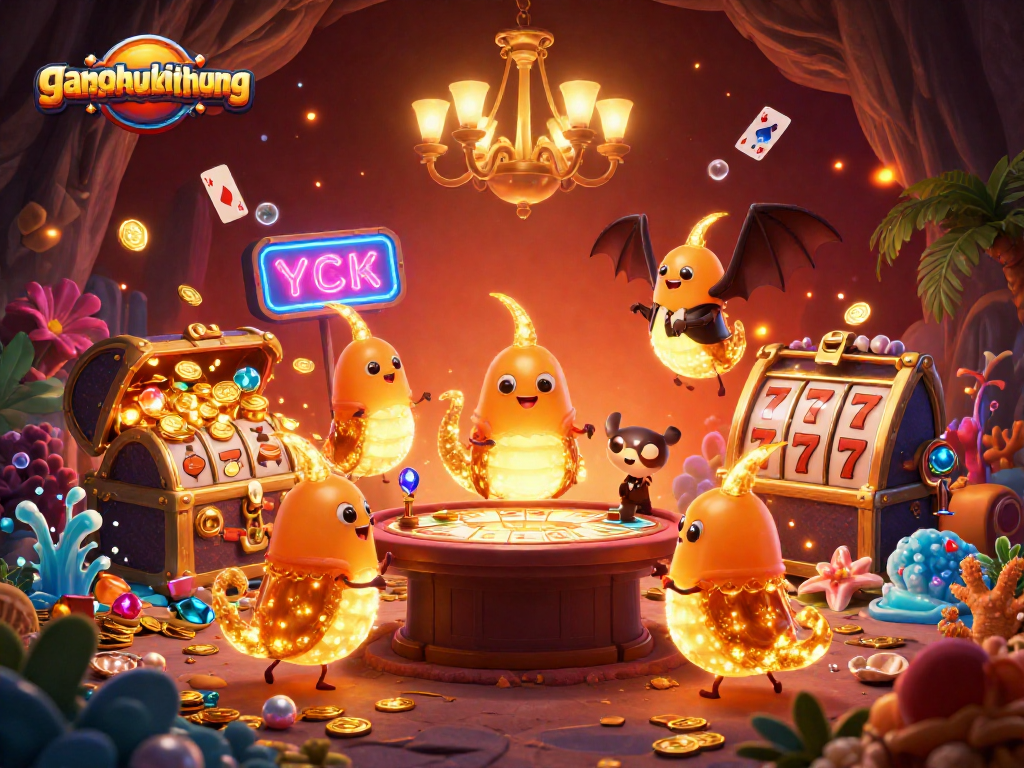 Engage with gamenohudoithuong through vibrant 3D casino scene featuring luminescent characters and slot game elements.