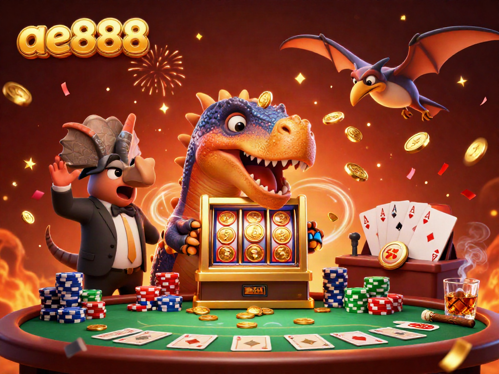 Witness ae888's lively casino scene with cartoon characters creating a jackpot excitement!