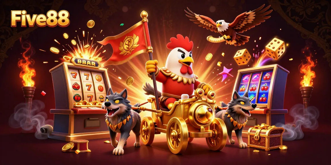 Experience the excitement of Five88 with a dynamic casino-themed illustration featuring a majestic rooster warlord.