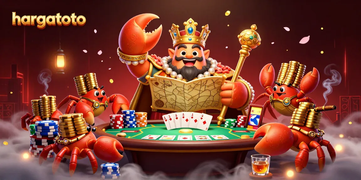 hargatoto showcases a golden crab emperor promoting high-stakes games with vibrant chips and cards