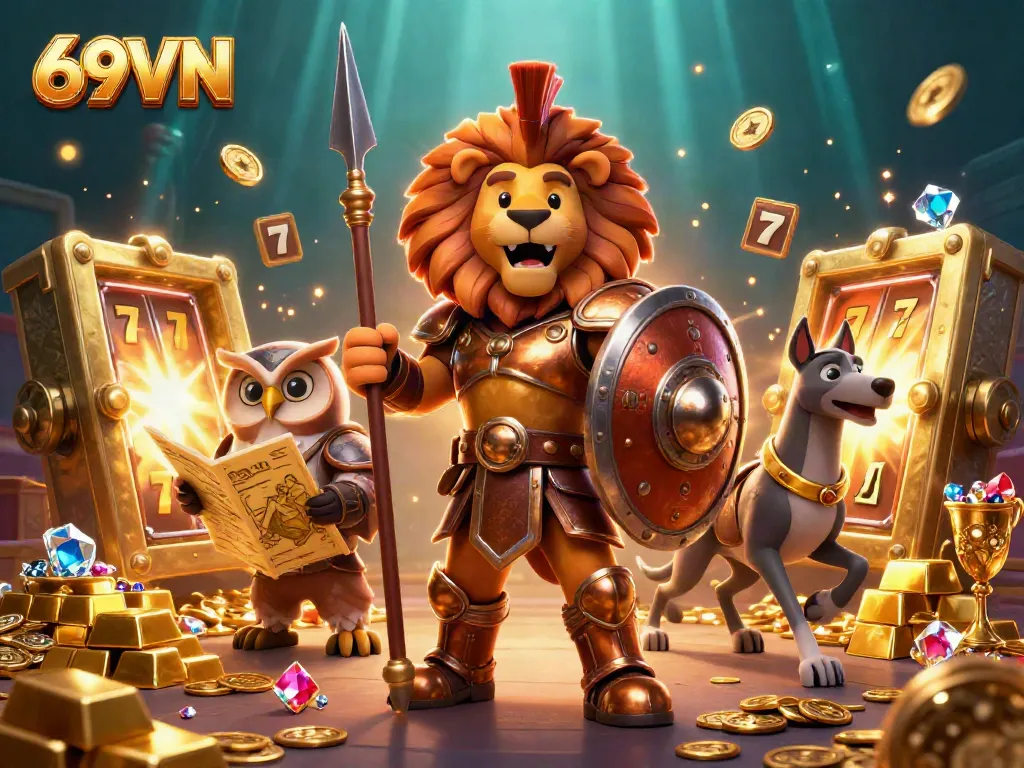 Experience thrilling wins at 69VN with a decorated Spartan lion amidst slot reels and treasures.