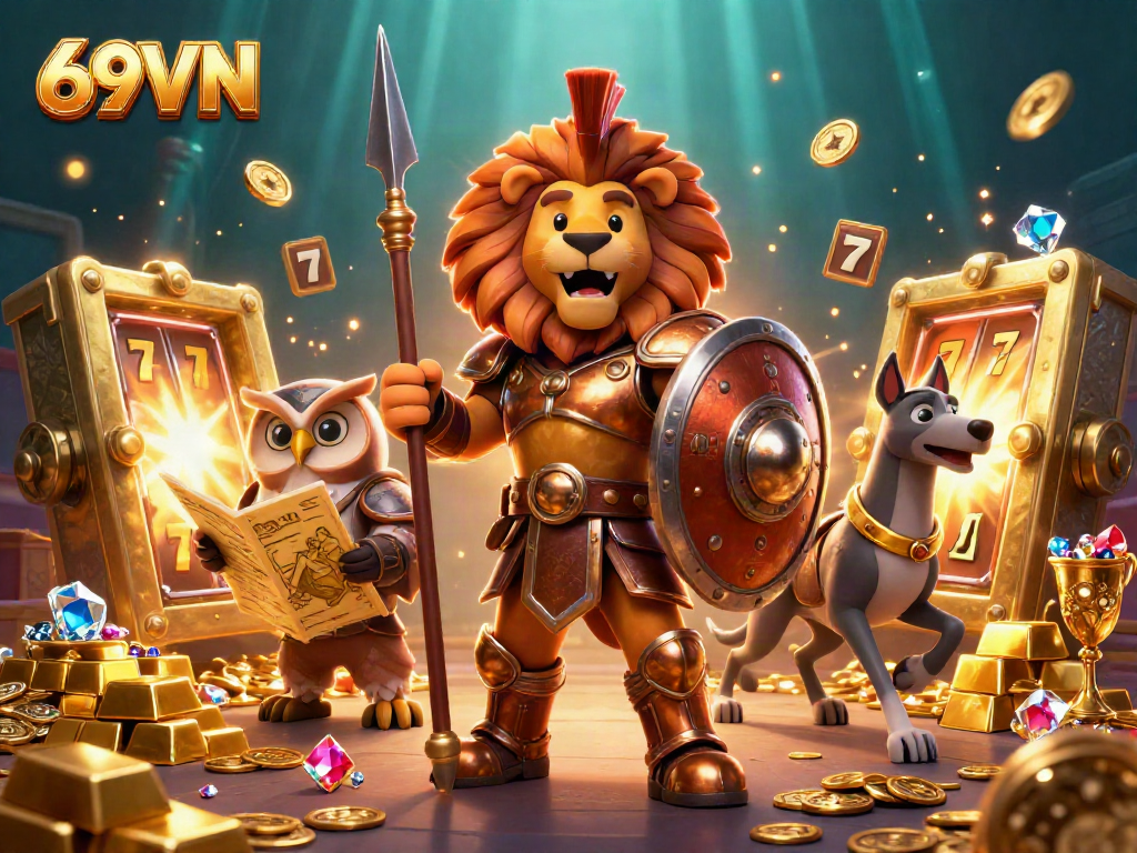 Experience thrilling wins at 69VN with a decorated Spartan lion amidst slot reels and treasures.