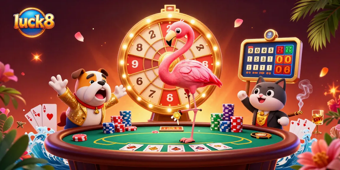 Join the excitement at luck8 as a flamingo host spins a golden prize wheel amidst vibrant casino elements.